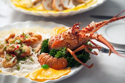 Fresh lobster presented on a white plate - Australian Stock Image