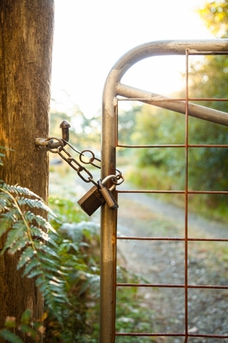 Front gate of property with chain latch and lock on gate - Australian Stock Image