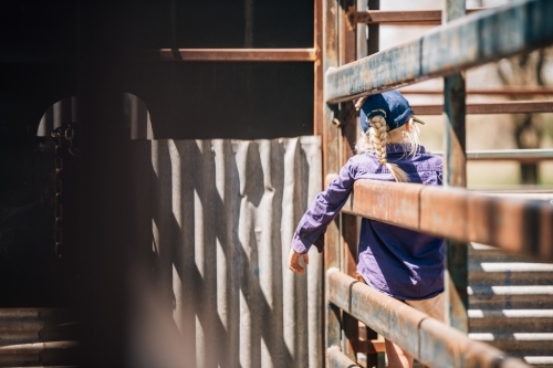 Girl standing at the cattle yards - Australian Stock Image