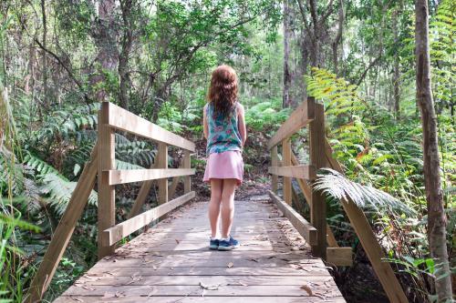 Girl standing on a wooden bridge in the bush - Australian Stock Image