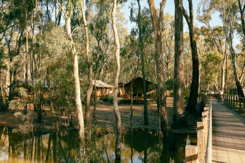 Glamping tents set up on the Gunbower Creek at Koondrook Victoria Australia - Australian Stock Image