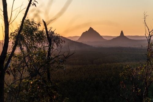 Glasshouse Mountains Landscape at Sunset - Australian Stock Image
