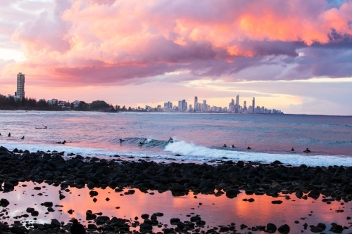 Gold Coast Surf and Buildings from Burleigh - Australian Stock Image