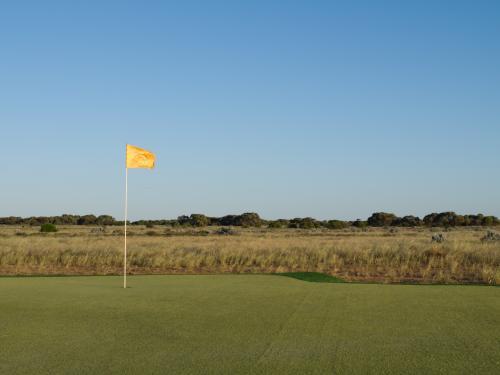 Golf putting green on the Nullarbor Plain with a big blue sky - Australian Stock Image