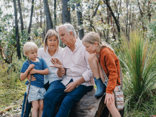 Grandparents enjoying Australian Bushland with their Grandchildren looking at cicada bug - Australian Stock Image