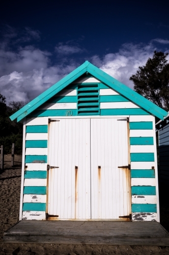 Green and White Beach Box, Brighton, Melbourne, Victoria - Australian Stock Image