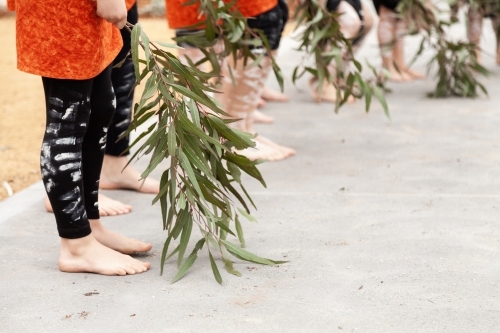 Gum leaves and legs of aboriginal dancers performing cleansing dance at ceremony