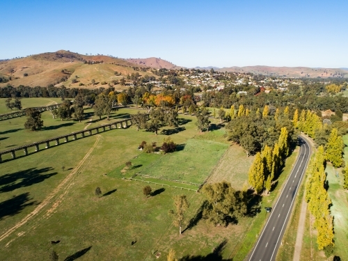 Gundagai Historic Bridges in autumn, aerial - Australian Stock Image