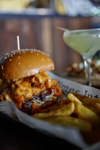 Hamburger lunch meal on table - Australian Stock Image