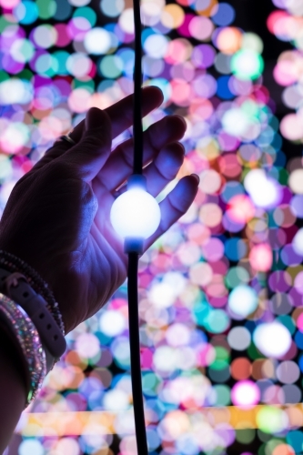 Hand holding light globe amongst hanging lights - Australian Stock Image