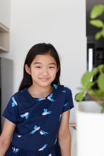 Happy young Japanese girl in kitchen - Australian Stock Image