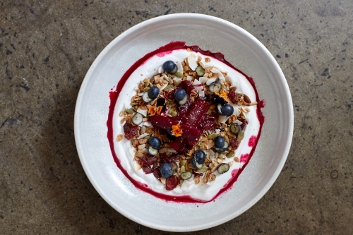 Healthy breakfast cereal with yoghurt - Australian Stock Image