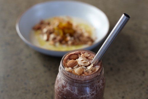 Healthy smoothie with porridge for breakfast - Australian Stock Image