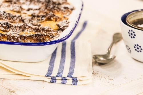 Horizontal shot of a Bread & Butter Pudding - Australian Stock Image