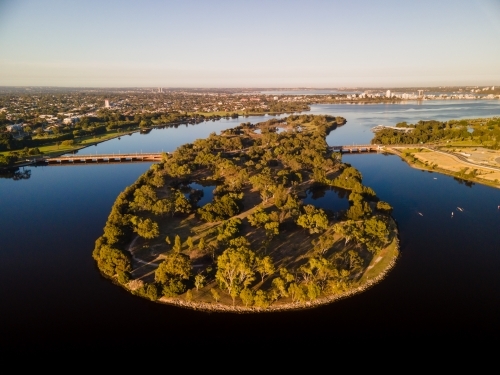 Heirisson Island in the Swan River, connected to two foreshores  by The Causeway - Australian Stock Image