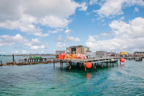 Horizontal shot of commercial cray fishing buoys and rope on a jetty - Australian Stock Image