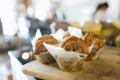 Horizontal shot of muffins on platter - Australian Stock Image