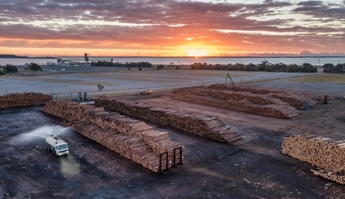 Horizontal shot of timber piles at sunset - Australian Stock Image