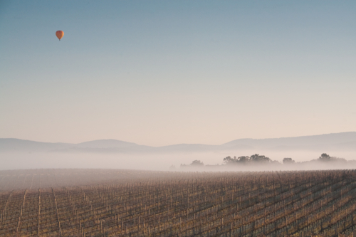 Hot Air Balloon at Sunrise over the Yarra Valley In Winter - Australian Stock Image