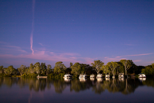 Houseboats at blue hour on the Murray River - Australian Stock Image