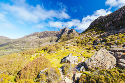 Japanese Gardens and wide landscape views of Mt Ossa and surrounds on a warm autumn afternoon - Australian Stock Image