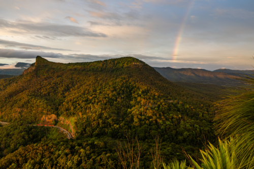 Landscape of mount Mitchell with rainbow - Australian Stock Image