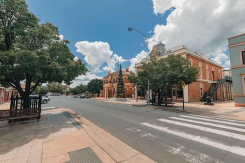 Large Christmas tree on display in the town centre of Mudgee NSW - Australian Stock Image