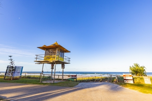 Lifeguard tower on sunny day at Miami on the Gold Coast - Australian Stock Image