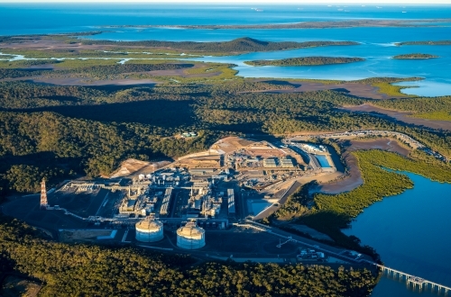 Liquified natural gas plant (LNG) during construction stage on Curtis Island in August 2015 - Australian Stock Image