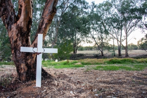 Lone wooden cross beside tree. - Australian Stock Image