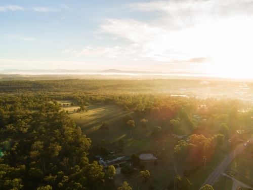 Long shadows of trees in paddock surrounded by forest at edge of town at sunrise - Australian Stock Image