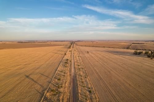 Looking down along a country road through fields in the early morning sunlight - Australian Stock Image