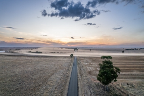 Looking down the long road with the thick fog across the road in the early morning - Australian Stock Image