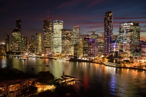 Looking over Brisbane River and the city from the Story Bridge at twilight. - Australian Stock Image