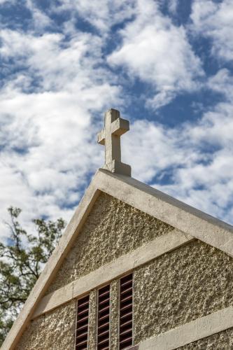 Looking up at the cross on top of Reedy Creek country church