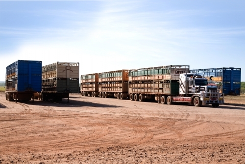 Lorries parked on dirt in outback - Australian Stock Image