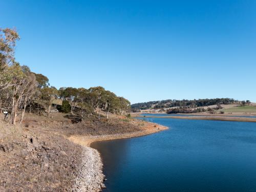 Low water level in a regional water supply dam - Australian Stock Image