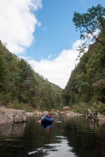 Male and girl paddling kayak surrounded by lush trees on Franklin River Tasmania - Australian Stock Image