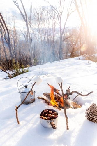 Marshmallow campfire in the snow - Australian Stock Image