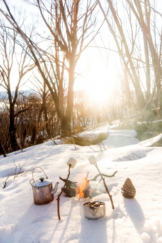 Marshmallow campfire in the snow - Australian Stock Image