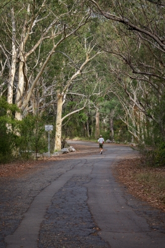 Mature aged man keeping fit by walking on a bush road - Australian Stock Image