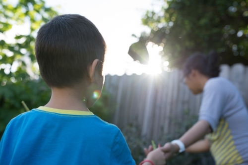Mixed race boy helps his Asian mother harvest veggies from their backyard - Australian Stock Image