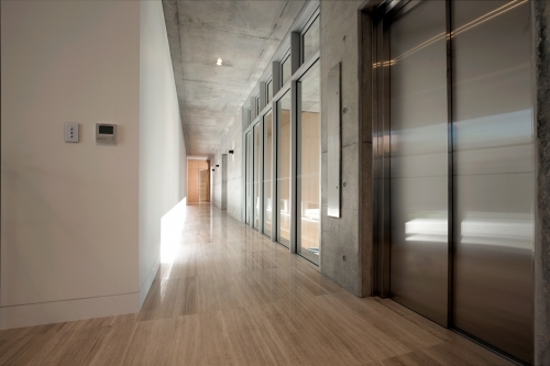 Modern hallway with floorboards and glass doors - Australian Stock Image