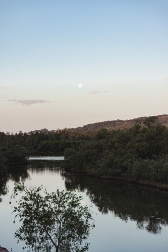 Moon rising over Lake Macquarie, NSW - Australian Stock Image