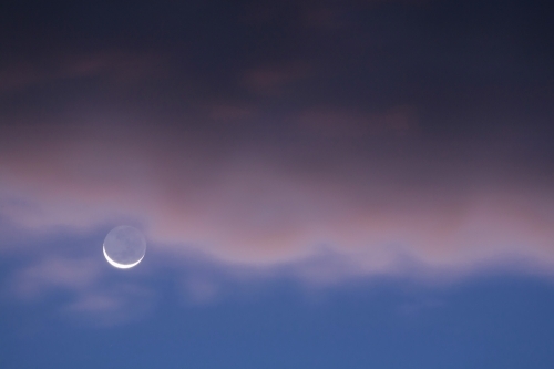 New moon with blue evening sky and coloured clouds - Australian Stock Image