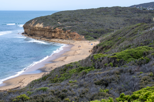 ocean water sand and cliff landscape of Bells Beach - Australian Stock Image