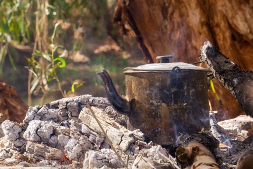 Old billy kettle on smouldering fire in the bush on a sunny day - Australian Stock Image