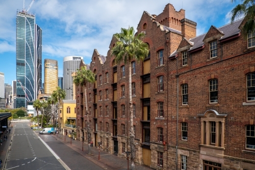 Old buildings in the Rocks, Sydney, with new buildings behind - Australian Stock Image