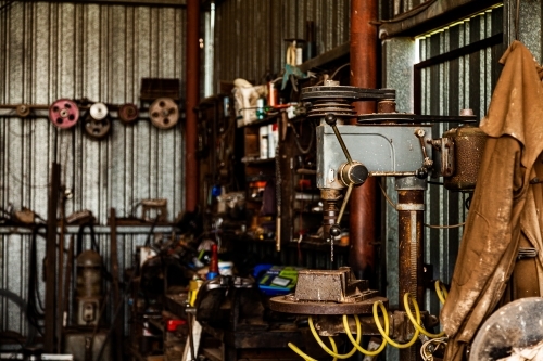Old shed on farm full of tools and equipment - Australian Stock Image