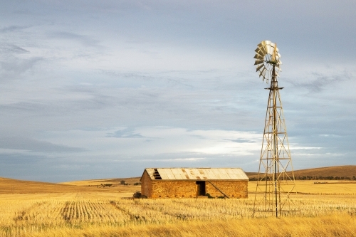 Old stone shed with windmill in golden stubble paddock - Australian Stock Image